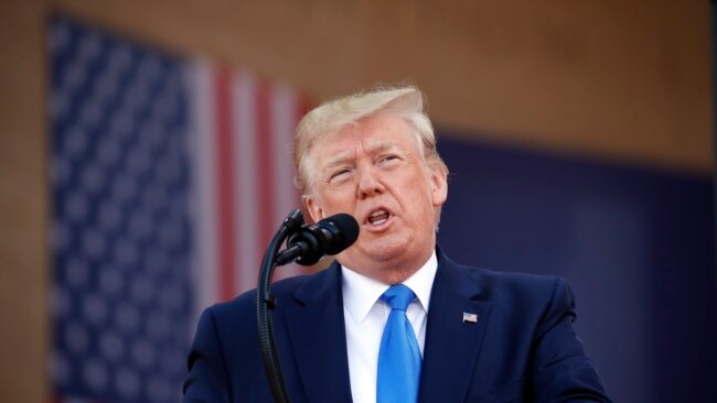 美国总统特朗普在法国诺曼底美国公墓讲话。(2019年6月9日)