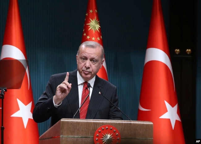 Turkey's President Recep Tayyip Erdogan speaks during a ceremony at the presidential palace, in Ankara, Turkey, May 6, 2019.