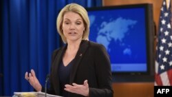 FILE - State Department Spokesperson Heather Nauert speaks during a briefing at the State Department in Washington, Nov. 30, 2017. 