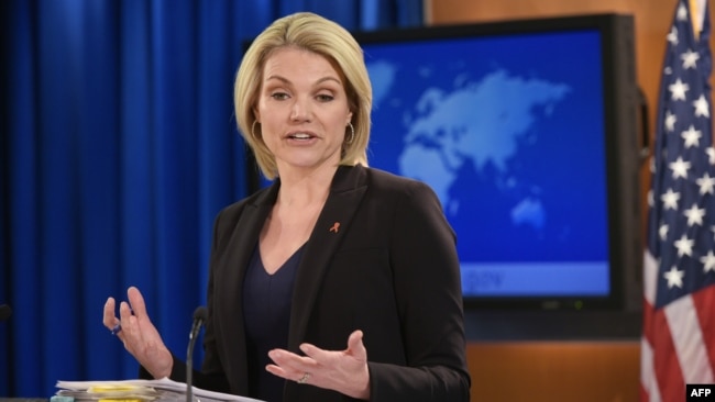 FILE - State Department Spokesperson Heather Nauert speaks during a briefing at the State Department in Washington, Nov. 30, 2017. 