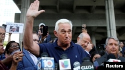 FILE - Roger Stone speaks after his appearance at Federal Court in Fort Lauderdale, Florida, Jan. 25, 2019.