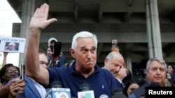 Roger Stone speaks after his appearance at Federal Court in Fort Lauderdale, Fla., Jan. 25, 2019.