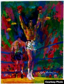 រូបគំនូរ​បង្ហាញ​លោក Muhammad Ali និង​កីឡាករ Sonny Liston កាលពី​ឆ្នាំ​១៩៦៥។ (រូបថត​ផ្តល់​ឲ្យ​ដោយ LeRoy Neiman Foundation)