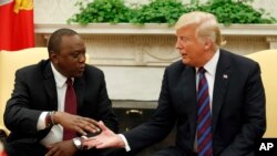 Rais Trump ampa mkono rais wa Kenya, Uhuru Kenyatta katika afisi ya Ikulu Oval Office, Jumatatu, Agosti. 27, 2018 AP