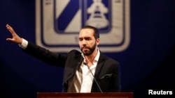 El Salvador's president-elect Nayib Bukele talks during the presentation of downtown San Salvador Revitalization Project at the National Theater in San Salvador, El Salvador, April 2, 2019.