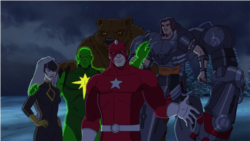 Слева направо: Темная звезда, Радиоактивный человек, Большая медведица, Красный страж и Красное динамо в мультсериале «Команда "Мстители"»