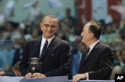 FILE - Lyndon Johnson and Hubert Humphrey are pictured at the Democratic National Convention in Atlantic City, N.J., in 1964.