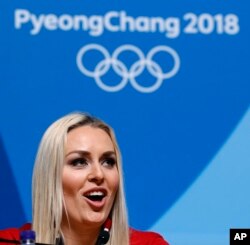 Alpine skier Lindsey Vonn of the United States talks to reporters during a news conference at the 2018 Winter Olympics in Pyeongchang, South Korea, Feb. 23, 2018.
