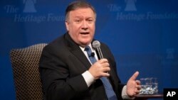 Secretary of State Mike Pompeo speaks at the Heritage Foundation, a conservative public policy think tank, in Washington, Monday, May 21, 2018.