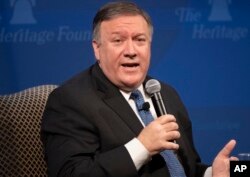 FILE - Secretary of State Mike Pompeo speaks at the Heritage Foundation, a conservative public policy think tank, in Washington, May 21, 2018.