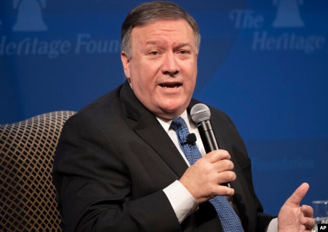 FILE - Secretary of State Mike Pompeo speaks at the Heritage Foundation, a conservative public policy think tank, in Washington, May 21, 2018.