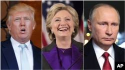President-elect Donald Trump (left), former Senator Hillary Clinton and Russian President Vladimir Putin.