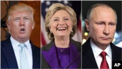 Rais mteule wa Marekani, Donald Trump, waziri wa zamani wa mambo ya nje, Hillary Clinton and rais wa Russia, Vladimir Putin.