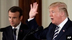 Le président Donald Trump lors de la conférence de presse avec le président français Emmanuel Macron à la Maison Blanche, le 24 avril 2018, à Washington.