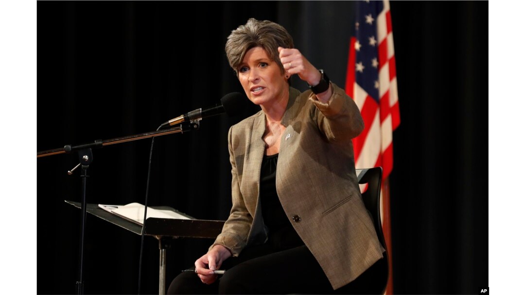 U.S. Sen. Joni Ernst, R-Iowa, reacts to a question during a town hall meeting, Sept. 21, 2017, in Charles City, Iowa.