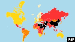 Mapa: Medijske slobode u svetu (tamnija boja - ugroženija slobode medija), po izveštaju Reportera bez granica