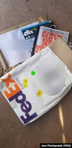 A FedEx package from Thailand contained threatening materials sent to Jom Petchpadab, a Thai Exiled Journalist and activist against Thailand's military-aligned regime. Los Angeles, California. August 25, 2020.
