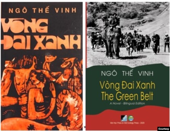 Trái, Vòng Đai Xanh, Nxb Thái Độ xuất bản lần đầu tiên tại Sài Gòn 1970, phải, Vòng Đai Xanh - The Green Belt Bilingual Edition Việt Ecology Press xuất bản 2021 tại Hoa Kỳ với bài viết “những đứa con của rừng núi” hay “Người Thượng đôi bờ”.