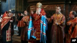 Patriarch Filaret, head of the Ukrainian Orthodox Church of the Kyiv Patriarchate, presides over a service at the Volodymysky Cathedral in Kyiv, Ukraine, Oct. 11, 2018.