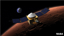 Artist's conception of NASA's MAVEN arriving at Mars. (NASA)