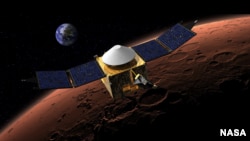 NASA illustration of MAVEN spacecraft orbiting Mars.