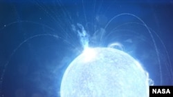 This image from video animation provided by NASA in November 2020 depicts a powerful X-ray burst erupting from a magnetar – a supermagnetized version of a stellar remnant known as a neutron star. (Chris Smith (USRA)/NASA/Goddard Space Flight Center via AP