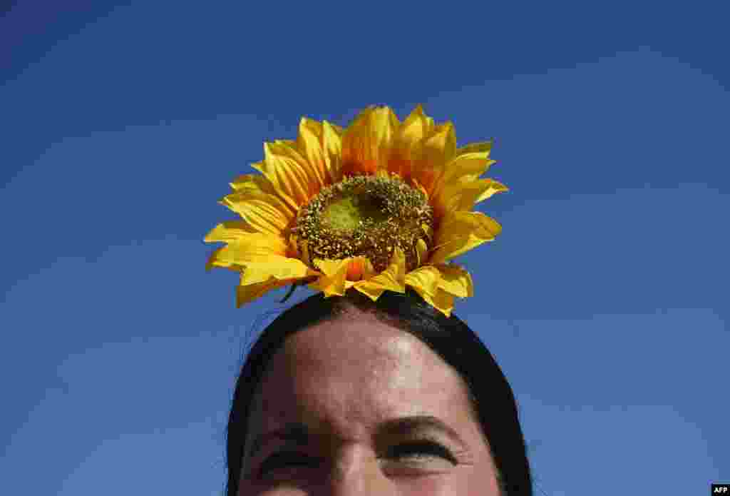 A pilgrim sporting a sunflower looks on as she crosses the Quema river during the annual El Rocio pilgrimage in Villamanrique, near Sevilla.