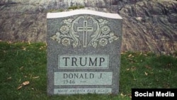 An image posted on social media depicts the Trump tombstone in New York's Central Park (Instagram by gothamist). Surreptitiously installed in March, it has since been removed by New York police.