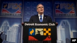 Former Florida Gov. Jeb Bush speaks at a Economic Club of Detroit meeting in Detroit Wednesday, Feb. 4, 2015. The Detroit event is the first in a series of stops that Bush's team is calling his "Right to Rise" tour. That's also the name of the political action committee he formed in December 2014 to explore a presidential run. (AP Photo/Paul Sancya)