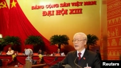 Vietnam's General Secretary of the Communist Party Nguyen Phu Trong speaks at the opening ceremony of the 13th national congress of the ruling communist party of Vietnam is seen at the National Convention Center in Hanoi, Vietnam January 26, 2021. (VNA/Handout via REUTERS)