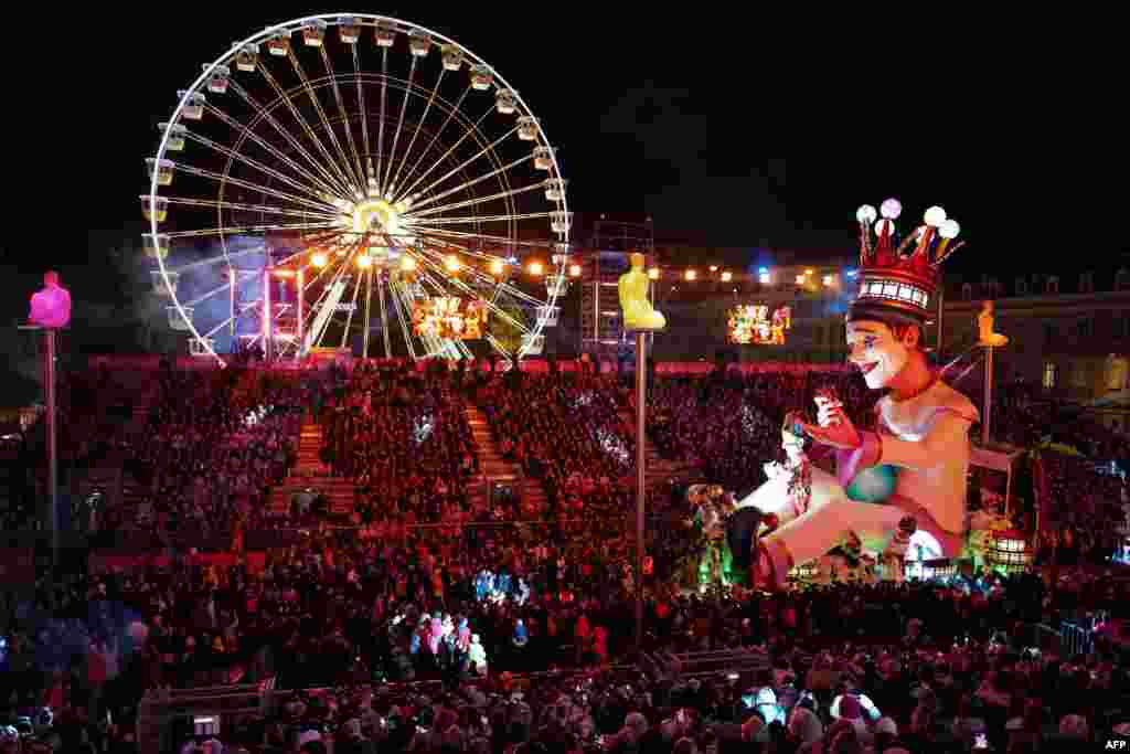 The king&#39;s float is seen during the carnival parade in Nice, France, February 26, 2019. The 135th carnival runs through March 2, 2019 and celebrates the &quot;King of Cinema.&quot;