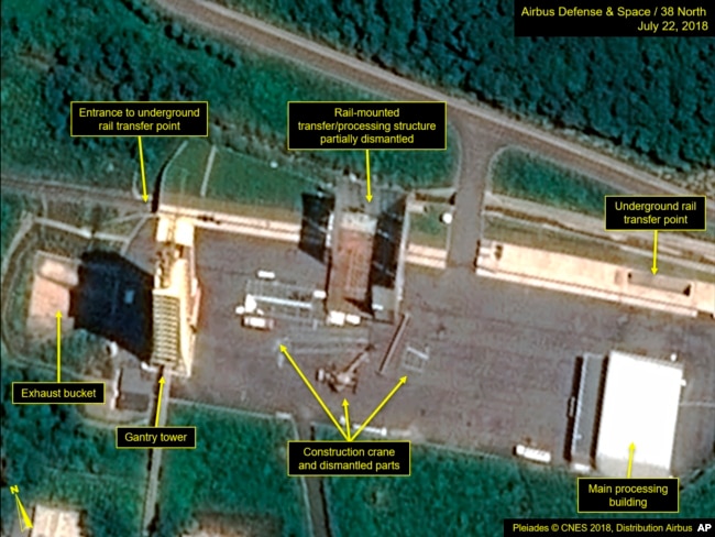 This July 22, 2018, satellite image released and annotated by 38 North on Monday, July 23, shows what the U.S. research group says is the partial dismantling of the rail-mounted transfer structure, at center, at the Sohae launch site in North Korea.
