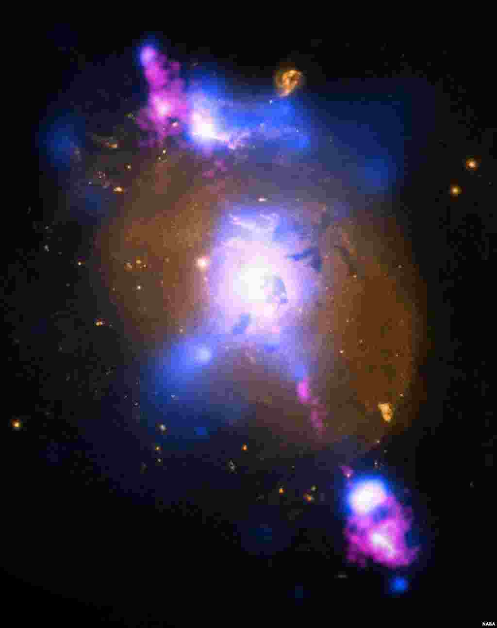 A composite image of a galaxy which illustrates how the intense gravity of a supermassive black hole can be tapped to generate immense power.