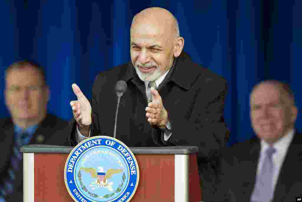 Afghan President Ashraf Ghani speaks at the Pentagon, thanking U.S. troops and taxpayers for their sacrifices in nearly 14 years of war, March 23, 2015.