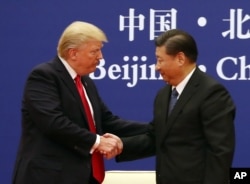 U.S. President Donald Trump and Chinese President Xi Jinping shake hands during a business event at the Great Hall of the People in Beijing, Nov. 9, 2017.
