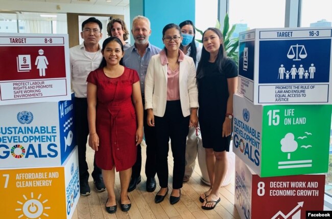 In this photo published on the Facebook page of the Swedish Embassy in Phnom Penh on October 28, 2020, embassy staff welcomed Ms. Chak Sopheap and her colleagues from the Cambodian Center for Human Rights and says its supports human rights issues in Cambodia. (Facebook/Embassy of Sweden in Phnom Penh)