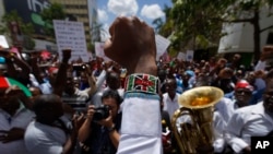 FILE - An activist wearing a beaded bracelet in the colors of the Kenyan flag holds his fist in the air as he and medical staff protest in Nairobi, Kenya, Feb. 15, 2017. 