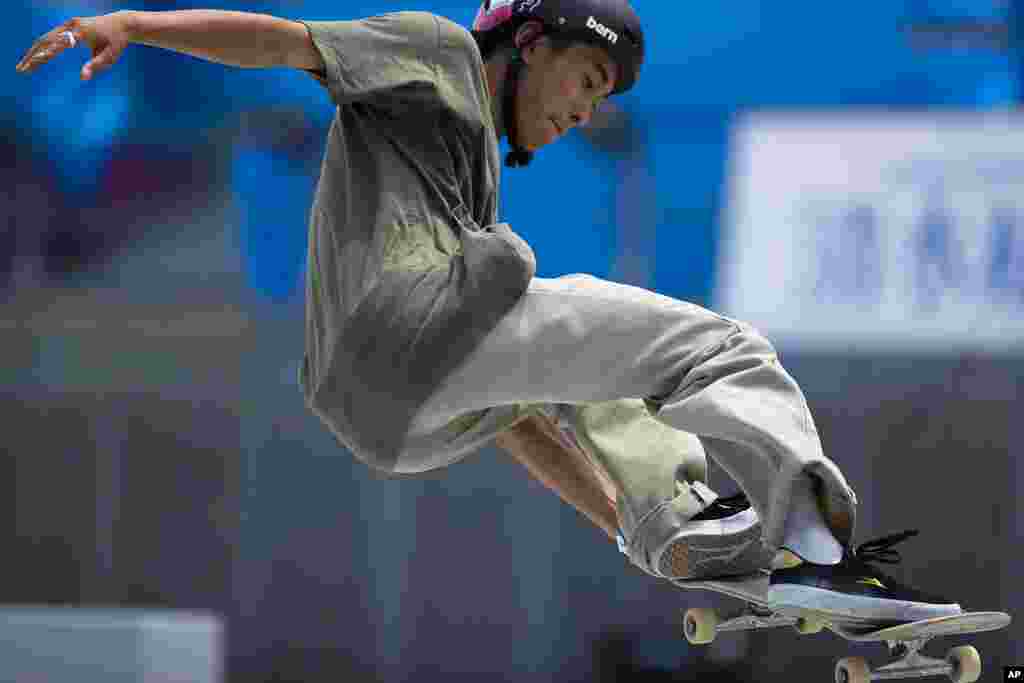 Japanese skateboarder Akira Tanaka performs in the park competition during a test event at the venue for the Olympic Games, which has been rescheduled to start in July, in Tokyo.