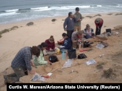 Members of a research team are pictured conducting excavations at the Vleesbaai archeological site on the south coast of South Africa where humans made stone tools about 74,000 years ago in this 2016 photo released March 12, 2018.