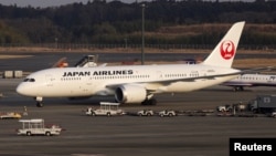 A Japan Airlines' (JAL) Boeing Co's 787 plane is seen at New Tokyo international airport in Narita, Jan. 9, 2013.