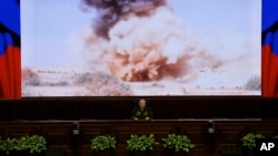 Lt. Gen. Sergei Rudskoi of the Russian military’s General Staff speaks at a briefing about airstrikes in Syria in Moscow, April 11, 2016. Russia's presence in Syria is seen in the West as aiming to prop up President Assad and only nominally fight IS militants.