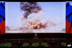 FILE - Lt. Gen. Sergei Rudskoi of the Russian military’s General Staff speaks at a briefing about airstrikes in Syria in Moscow, April 11, 2016.