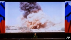 Lt. Gen. Sergei Rudskoi of the Russian military’s General Staff speaks at a briefing about airstrikes in Syria in Moscow, April 11, 2016.