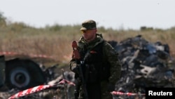 An armed pro-Russian separatist guards a crash site of the Malaysia Airlines Flight MH17 near the village of Hrabove, Donetsk region, July 24, 2014.