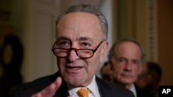 Senate Minority Leader Charles Schumer, a New York Democrat, speaks with reporters on Capitol Hill in Washington, March 28, 2017. 