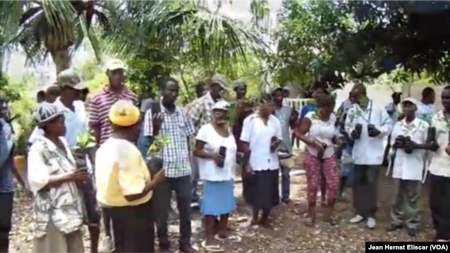 Residents of Beret, Haiti hold seedlings gifted to them by young professionals of Rotaract club.