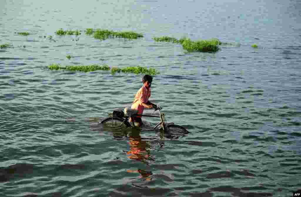 A villager pushes a bicycle as he crosses a flooded road at Naraha on the outskirts of Allahabad, India.