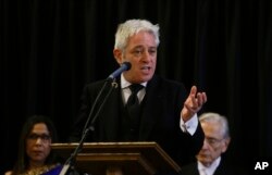 FILE - John Bercow, Speaker of the House of Commons, speaks at Westminster Hall inside the Palace of Westminster in London, March 22, 2018.