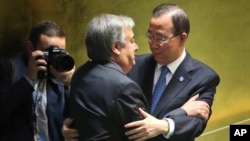Current Secretary-General of the United Nations Ban Ki-moon, right, embraces the Secretary-General designate, Antonio Guterres of Portugal, after he spoke during his appointment at U.N. headquarters, Oct. 13, 2016.