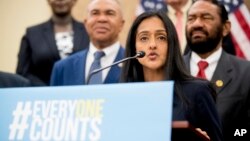 Leadership Conference For Civil And Human Rights President and CEO Vanita Gupta speaks at a news conference on Capitol Hill in Washington, May 8, 2018, on the Trump administration's decision to add a new question on citizenship to the 2020 Census. 